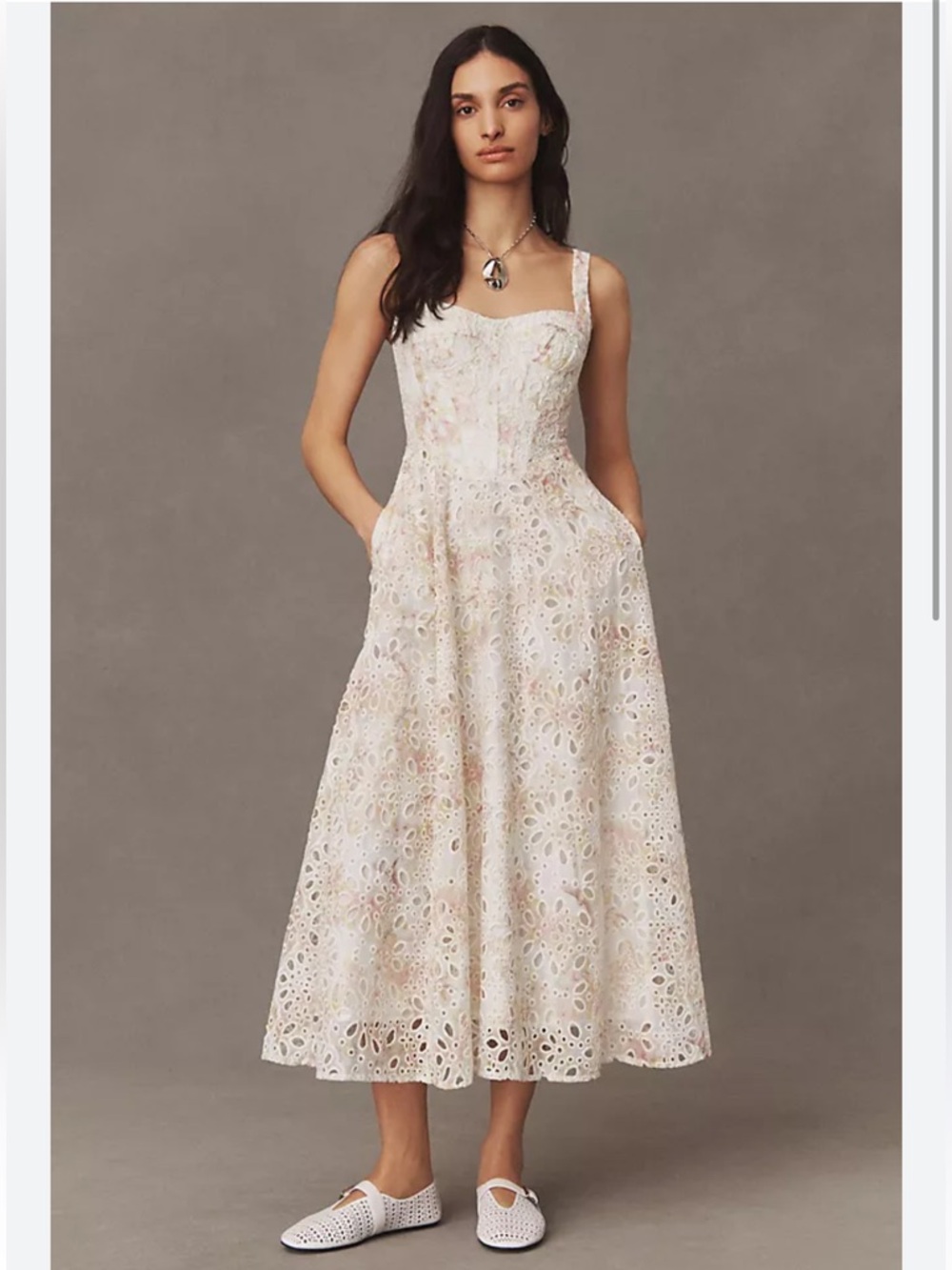 Bardot Eyelet A-Line Midi Dress in Cream with Subtle Pastel Accents